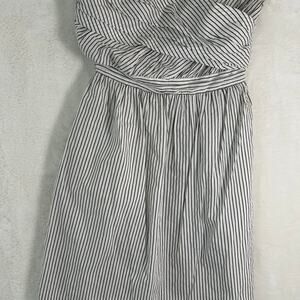 Aryn K white and gray striped strapless dress s
